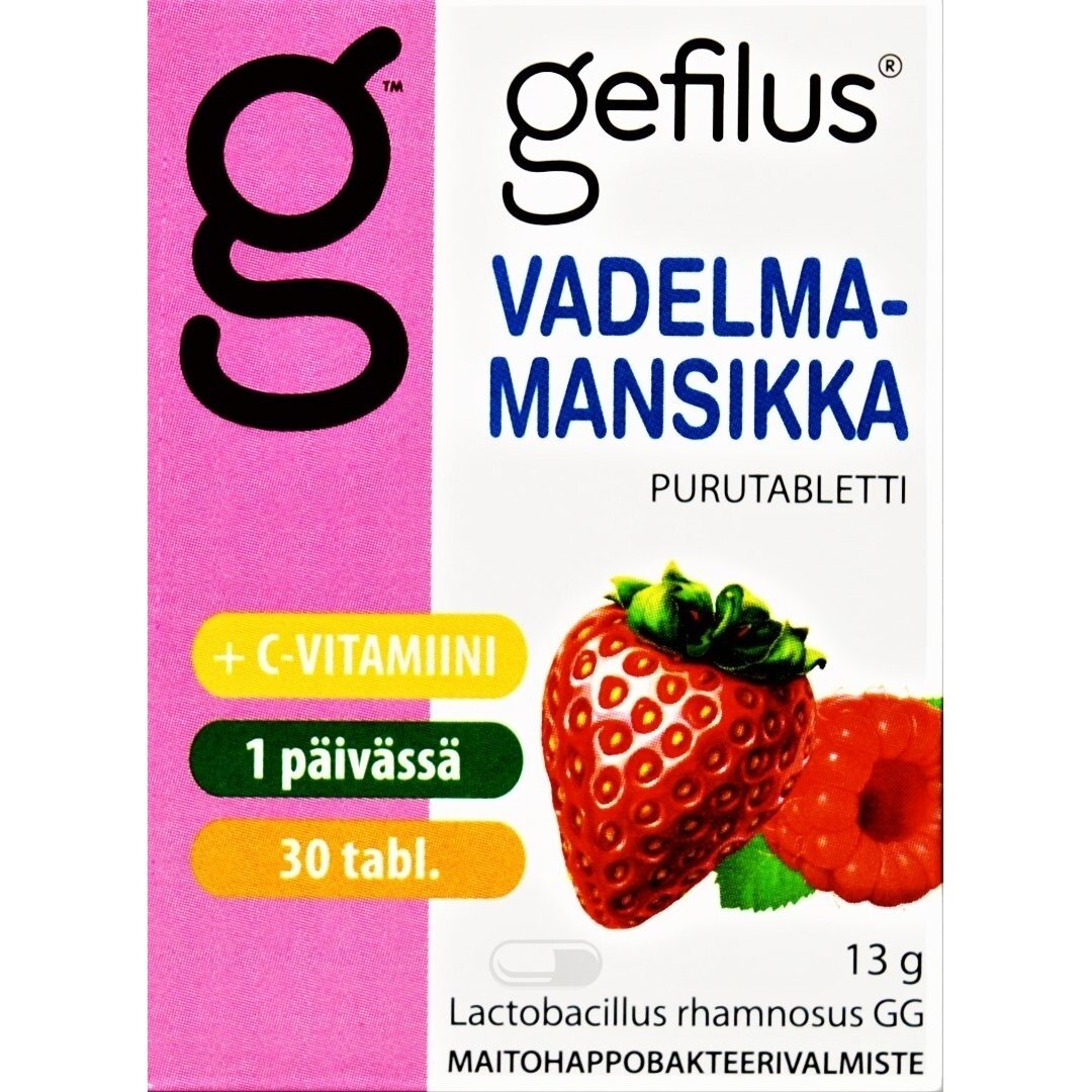 Gefilus® aviečių- braškių skonio kramtomos tabletės su vitaminu C ir su saldikliais N30 Gefilus® aviečių- braškių skonio kramtomos tabletės su vitaminu C ir su saldikliais N30
