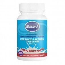Milkaid® kramtomos laktazės fermento tabletės su saldikliu, N120